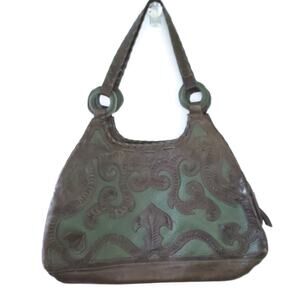 Leaders in Leather Paraguay Handbag Hand Tooled Cutout Satchel Brown Green